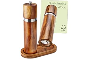PRAKNU Salt and Pepper Mill Set with Tray - Made from FSC® Acacia Wood - Durable Ceramic Grinder - Plastic-Free