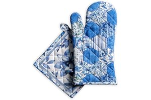 Maison d' Hermine Summer Blues Set 100% cotone (19cm x 33cm) e supporto per pentole (20cm x 20cm) per barbecue, cottura al forno, griglia, microonde primavera estate