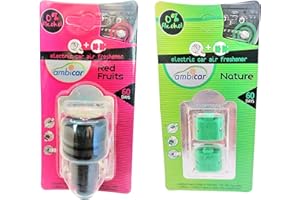 AMBICAR - Ambientador eléctrico para COCHE. Pack Nº1 (DIFUSOR + RECAMBIOS Frutos Rojos y Nature) Esencias Naturales, SIN Alcohol ni Químicos. Aroma de fresa y fragancia fresca