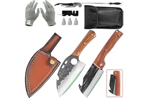 FULLHI Cuchillo de Carnicero Portátil de Acero al Carbono Forjado Juego de Cuchillos de Chef Plegables para Outdoor Camping Barbacoa (6.5''serbian chef Knife & 4.5''Folding Chef Knife)