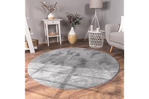 ‎PACO HOME Paco Home Living Room Rug, Faux Fur, Soft, Washable, Modern, Elegant, Easy-Care, Fur Look, Plain, Silky Gloss, Fluffy, Short Pile, Size: 120 cm Round, Colour: Anthracite