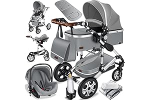 KESSER® Loops wózek dziecięcy 3 w 1, wózek dziecięcy, zestaw, w tym: Gondolka dla niemowląt, fotelik sportowy i fotelik samochodowy dla niemowląt – w pełni gumowe opony – torba do przewijania/ochrona przed deszczem/zestaw stołowy dla dzieci, srebrny / szary