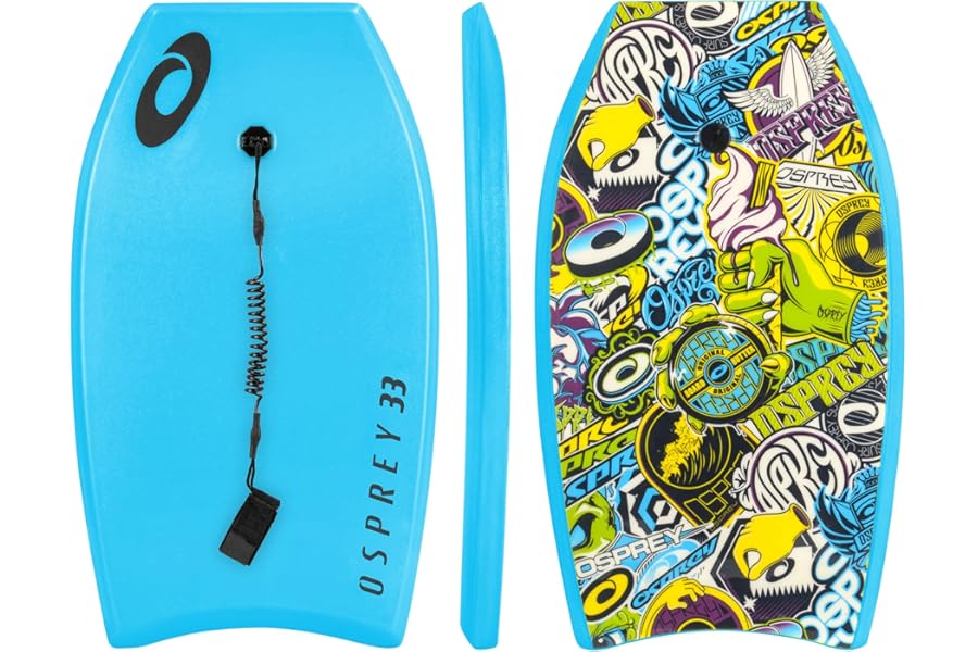 Osprey Bodyboard for Teens and Adults, Lightweight Deck Boogie Board with Leash, Durable Core for Surfing & Bodysurfing