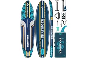 Skatinger Nadmuchiwane deski do wiosłowania SUP, nadmuchiwane deski do wiosłowania SUP, deska do wiosłowania do jogi z plecakiem 1600D, 6 dodatkowych pierścieni D, pasek na ramię, płetwa centralna