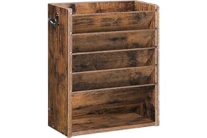 CHOEZON Wall File Organiser, 6-Tier Vertical Mount Hanging Holder with 2 Side Hooks, Vintage Wooden Magazine Storage Crate with Bottom Flat Tray, Desk Organizer, for Office, Rustic Brown DMWJ01FG
