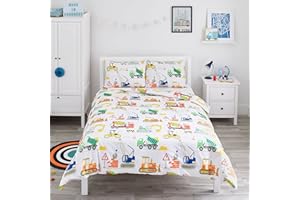 Bloomsbury Mill - Juego de Funda Nórdica Cama 105 para Niños y Niñas - Vehículos de Construcción - Camiones, Excavadoras y Grúas - Juego de Edredón Reversible y 2 Almohadas para Infantil - 200x200 cm