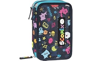 COMIX Scomix by Sio - Astuccio Scuola, Astuccio 3 Scomparti per Bambini e Ragazzi, con Set Cancelleria Incluso, 5 Etichette Adesive Portanome e Pratiche Chiusure a Zip, 20 x 13H x 7 cm, Blu
