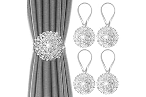 BOCHION Curtain Tie Backs, Sparkling Floral Decorative Magnetic Curtain TieBacks, No Drilling Curtain Holdbacks, Stainless Spring Wire Drapery Curtain Holder Buckle for Home Office. (Silver 4 Pack)