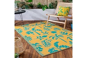 furn. Marula Rug – Indoor/Outdoor Woven Botanical Tropical Birds Weather Resistant Easy Clean Lightweight Rug (Yellow/Teal - 120x180cm)