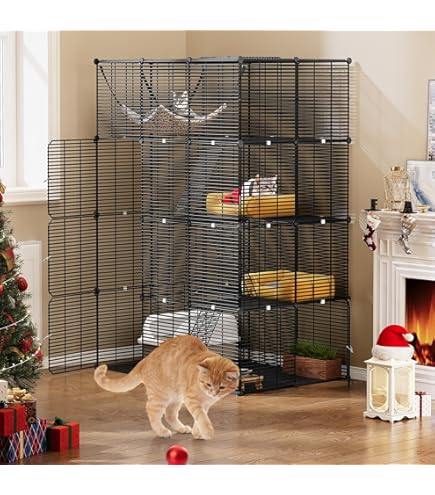 YITAHOME Kattenkooi met 4 verdiepingen met hangmat, afneembare draadkooi, kennel voor kleine dieren binnenshuis, hek voor 1-4 katten, doe-het-zelf box