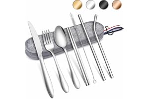 Herogo Travel Cutlery Set, 8 Pcs Portable Utensils Set with Pouch Case, Reusable Stainless Steel Knife Fork Spoon Chopsticks Straws for Camping Picnic Lunch, Mirror Finish & Dishwasher Safe (Silver)