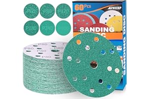 ALPXUXP 60 pezzi Dischi Abrasivi 150 mm,Impermeabile Carta Vetrata 15 Fori (60/80/120/180/240/400 Grana x 10) per Orbitale Levigatrice Giraffa per Legno,Metallo