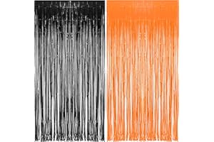 BRAVESHINE Halloween Party Decorations Black Orange Foil Fringe Curtain - 2PCS 3.3 x 8.2 ft Metallic Tinsel Curtains Photo Booth Backdrop, Room Decor for Halloween Pumpkin Costumes Family Party