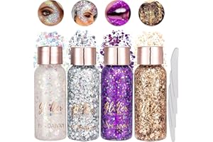 OHSN Body Glitter Gel Brillantes Para La Cara 4 Bottle Lentejuelas de Sirena Gel Purpurina Cara Chunky Glitter Gel Brillo de Larga Duración Para Rostro Cuerpo y Cabello Blanco Plata Champán Púrpura