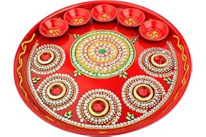 ADITRI CREATION Decorative Pooja Thali with Bowls Plate Platter Decorative Steel Puja Thali with Indian Traditional Essential Pooja Articles for Aarti Rituals Festival Wedding Diwali Decorations (Size- 10")(Red)