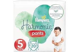 Pampers Couches-Culottes Taille 5 (12-17 kg), Harmonie, 80 Couches-Culottes (Lot de 4 x 20), 0% de compromis, 100% d'absorption, Ingrédients d'origine végétale, Hypoallergéniques