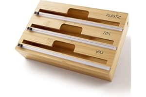 WITBICG Drewniany dozownik do pakowania 3 w 1 z urządzeniem do cięcia i etykietami, organizer do szuflad kuchennych na folię i folię plastikową, uchwyt ścienny do folii spożywczej, folii aluminiowej, papieru