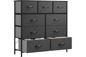 YITAHOME Chest of Drawers with 9 Drawers Fabric Storage Chest of Drawers Industrial Style for Bedroom, Living Room, Hallway, Storage Cabinet, Black Grey