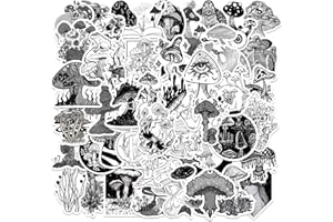 PRETTY SUNSHINE Pilz Sticker Schwarz Weiss 50 Stücke, Wasserfeste Vinyl Vintage Aufkleber Graffiti Sticker für Koffer Laptop Helm Auto Motorrad Fahrrad Skateboard Scrapbook Ordner, Gotisch Sticker