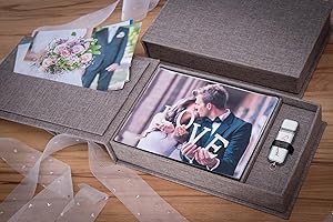 Elegantdisk Scatola porta USB/DVD per matrimonio, con scatola fotografica, 13 x 18 cm, tessuto di lino (marrone)