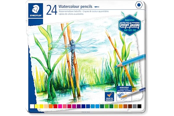 Staedtler Crayons de couleur aquarellables de haute qualité pour artistes, Utilisables à sec ou à l'eau, Mine douce et tendre de 3 mm, Boîte en métal avec 24 couleurs différentes assorties, 14610C C24