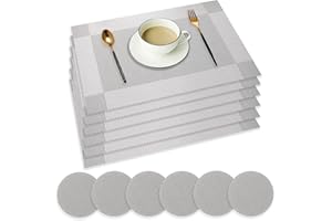wiipara Placemats Set of 6, PVC Place Mats and Coasters Washable Non-Slip Heat Resistant Table Mats for Kitchen Dining Table Home Restaurant (6 Placemat + 6 Coaster, Silver Grey)