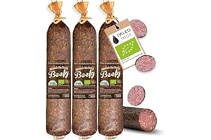 ‎PALEO TO GO PALEO TO GO Beefy Salami [100% BIO] – High Protein Snack, Rindersalami Sticks – Luftgetrocknete Bio Wurst, Low Carb Eiweiß Snack – 3 Stück Salami Snack ohne Konservierungsstoffe