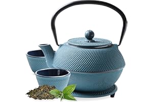 Tealøv THEIERE FONTE 1,1 LITRE SET COMPLET | BOÎTE CADEAU | Service à Thé en Fonte avec Théière, 2 Tasses & Dessous Théière | Entièrement Émaillée de l'Intérieur | Design De Style Japonais | Bleu