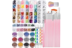 FANDAMEI Nail Art Kit - Design Tools with Brushes, Dotting Tools, Glitter, Sequins, Foil Flakes, Rhinestones, Dust Brush