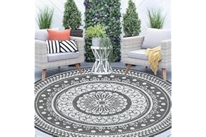 Cekene Round Outdoor Rug Waterproof Large 180cm Grey Reversible Garden Rug Plastic Easy Clean Area Floor Mat for Outdoors Patio Garden RV Trailer Backyard Deck Picnic
