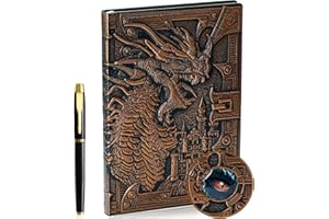FENGCO 3D Drachen Vintage Tagebuch+Stift Set,A5 Notizbuch Liniert,Personal Organizer DND Journal Notebook Planner,GeburtstagGeschenk für Männer Frauen Erwachsene Kinder(RedBronze)
