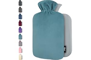QOMFOR Bolsa de Agua Caliente con Funda - Funda de Vellón Premium Suave - 1.8L Gran Capacidad - Bolsa Agua Caliente para el alivio del dolor de espalda, cuello, hombros y para noches acogedoras - Verde Azul