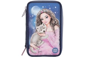 Depesche 13150 TOPModel LED Wolf - wypełniony 3-komorowy piórnik w kolorze ciemnoniebieskim, z motywem modelu i światłami LED, piórnik z kolorowymi kredkami, linijką, nożyczkami i wieloma innymi.