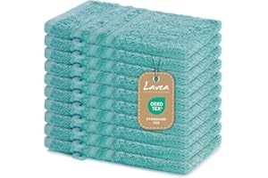 Lavea Série Elena, Lot de 10 Gants de Toilette 15x21 cm, 100% Coton, Ultra Doux & Absorbant, Lavable, Résistant & Idéal pour Peau Sensible - Turquoise