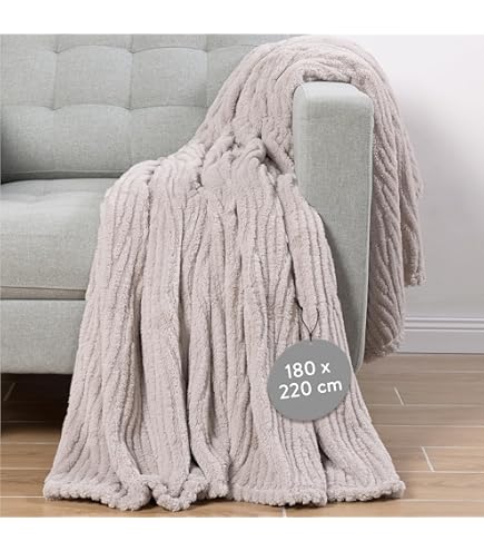 Todocama - Extra zachte katoenen deken met strependesign, multifunctionele sprei voor bank, bed, decoratieve overtrek en halsdoek (zandbeige, 230 x 240 cm