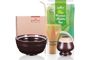 ‎GOODWEI Goodwei Matcha Set mit Matcha Besen, Matcha Schale, Besenhalter aus Keramik und BIO Matcha Tee aus Japan | Geschenkset (Kumo)