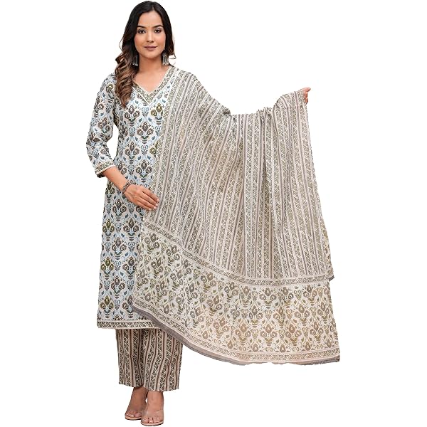 Nermosa Kurta Set Für Damen – Bedrucktes V-Neck Top Mit Hose & Dupatta, Viskose, Lässig Bis Festlich (Größen S–XXL)