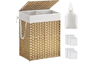 SONGMICS Panier à Linge avec Couvercle, Corbeille 90L, 2 Compartiments, Sacs Amovibles, Poignées, Tressé à la Main, pour Chambre, Buanderie, Salle de Bain, 33 x 46 x 60 cm, Couleur Boisée LCB251N01V1