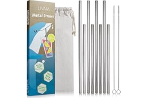 LIVAIA Kit de pailles en acier inoxydable: 8 pailles en métal durable réutilisables avec 2 tailles - Fournies avec brosse de nettoyage et sac en coton - Paille écologique lavable au lave-vaisselle