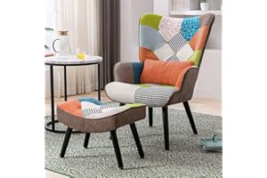 ‎HOMEMIYN Relaxsessel mit Hocker Patchwork Sessel mit Lendenkissen Ohrensessel Holz Sessel Wohnzimmer moderner Fernsehsessel Loungesessel Stuhl Patchwork Leinen Massivholzfüße Orange