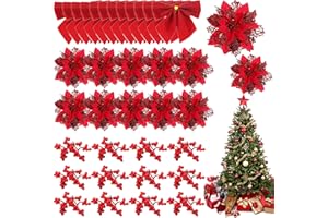 JENICH (36 Pcs)12 Fiori Artificiali Natale Fiori Artificiali per Alberi di Natale 12 Fiocchi Archi dell’albero di Natale 12 Bacche Natalizie Decoracioni Ornamenti Addobbi da Appendere Capodanno