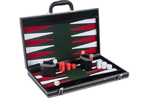 GrowUpSmart Smart Tactics Premium Backgammon Set - Large 17'' Wood & PU Leather Folding Backgammon Board Game - Green/White/Red Felt Interior - Includes Dice Cups, Doubling Cube & Instruction Manual