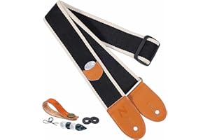 Nefelibata Guitar Strap, Cotton Full Grain Leather Ends Guitar Straps with Pick Pocket for Bass, Electric & Acoustic Guitar, Come with Strap Button, 1 Pair Strap Locks and 4 Guitar Picks