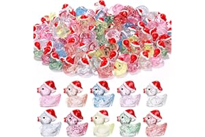 WIURGOHA Christmas Mini Ducks, 80pcs Colorful Glitter Tiny Mini Resin Christmas Ducks Miniature with Christmas Hat Figures for Christmas Party Bag Fillers Dollhouse Accessories Home Decoration