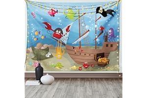 ABAKUHAUS Pirata Tapiz de Pared y Cubrecama Suave, Barco Submarino de Animales, Resistente a la Suciedad, 230 x 140 cm, Multicolor