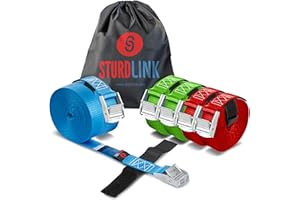 STURDLINK Set x6 Piccole Cinghie di Fissaggio 25mm 250kg con Fibbia Metallo 3 m 4m 5m per Portapacchi Bici, Barre Portatutto, Bagagli Moto, Carrello, Canoa Kayak, Surf, Portabici e Baule Auto, Rimorchi