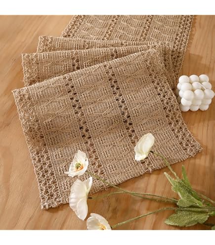 Tafelloper bruin boho decoratie met macramé kwasten katoen