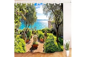 QILERONGRONG Sunny seaside garden with beautiful scenery Bathroom decoration, 3D HD, polyester waterproof shower curtain, 12 hooks, 180X180cm, bathroom essential