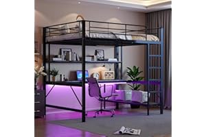 WYIBWY Letto a soppalco per bambini 140 x 200 cm,letto a castello matrimoniale 140x200 in metallo con prese USB e elettriche, con illuminazione a LED,scrivania,con sponde e scaletta,diversi ripiani,Nero