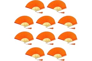 FANSOF.FANS Paquete de 10 abanico de tela de seda de colores negro, rosa oscuro, rojo, beige marfil, blanco, azul marino real, azul oscuro, mezcla de colores de seda con borla de grado A, Naranja
